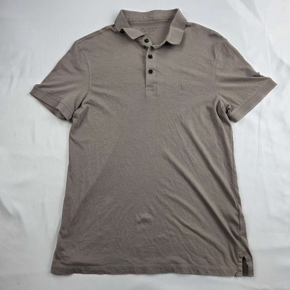 AllSaints Polo Shirt Mens Small Beige Organic Cotton Slim Fit Casual Lightweight